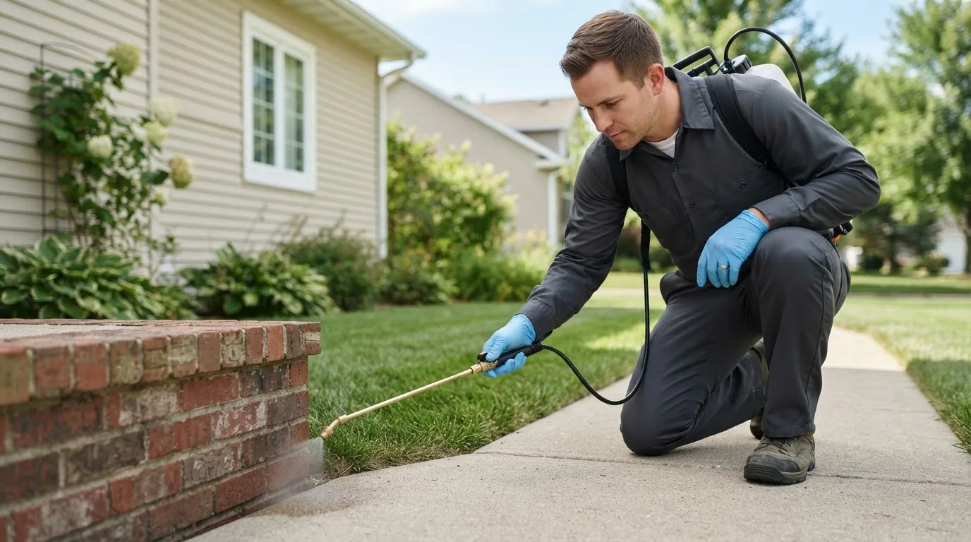 Pest control technician treating a home near Dennehotso, AZ